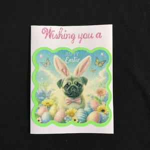 Tarjeta y sobre de Pascua con purpurina de Pug / Papelería de Pug 100 % a caridad