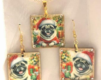 Christmas Pug Necklace and Earrings / Great Gift - 100% donated to pug rescue
