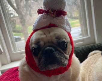 Mrs Claus / Santa's wife / Snood for Pugs/ Christmas Pug Hat  / Hand Made!  100% profits go to charity