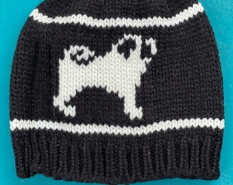 Knit Pug Beanie/ knit black & white PUG hat! Mary Morgan's Black Knitted Hat w Pug/ 100% profit to The Pug Queen Foundation