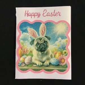 Tarjeta y sobre de Pascua con purpurina de Pug / Papelería de Pug 100 % a caridad