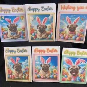 Juego de tarjetas y sobres de Pascua con temática de Pug / Papelería con temática de Pug 100 % donada a caridad