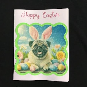 Tarjeta y sobre de Pascua con purpurina de Pug / Papelería de Pug 100 % a caridad