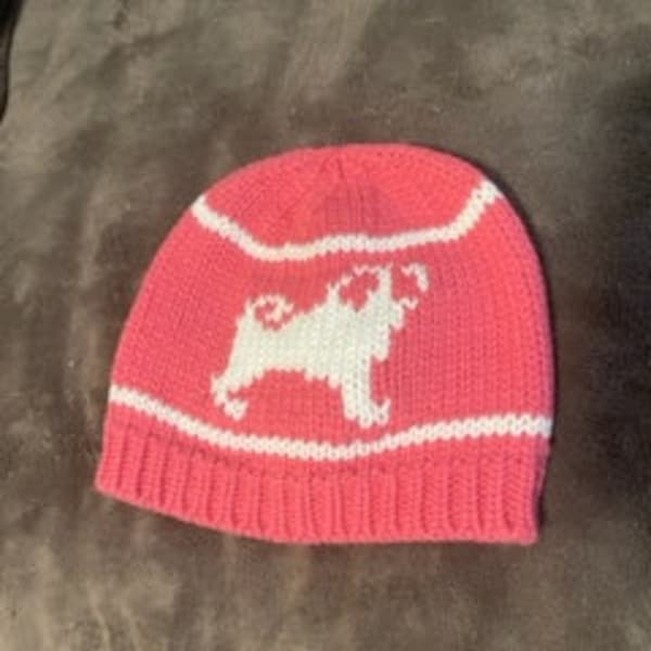 Knit Pug Beanie/ knit PINK & white PUG hat! Mary Morgan's Pink Knitted Hat w Pug/ 100% profit to The Pug Queen Foundation