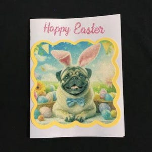 Tarjeta y sobre de Pascua con purpurina de Pug / Papelería de Pug 100 % a caridad