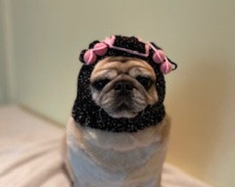 Knit Pug Halloween Costume/ Hair Rollers Black sparkle / Dog Costume Hat / Cat Costume hat / Hand Made!  100% profits go to charity