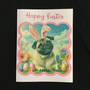 Tarjeta y sobre de Pascua con purpurina de Pug / Papelería de Pug 100 % a caridad