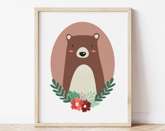 Bear & Floral Baby Nursery Print - animal theme nursery decor wall art, digital download