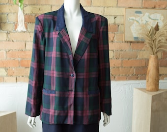 Vintage Plaid Blazer - Large Oversized Tartan Pattern Formal Women's Jacket