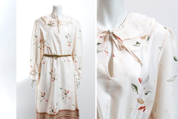 Vintage 60's Autumn Dress / White Polyester Fall L