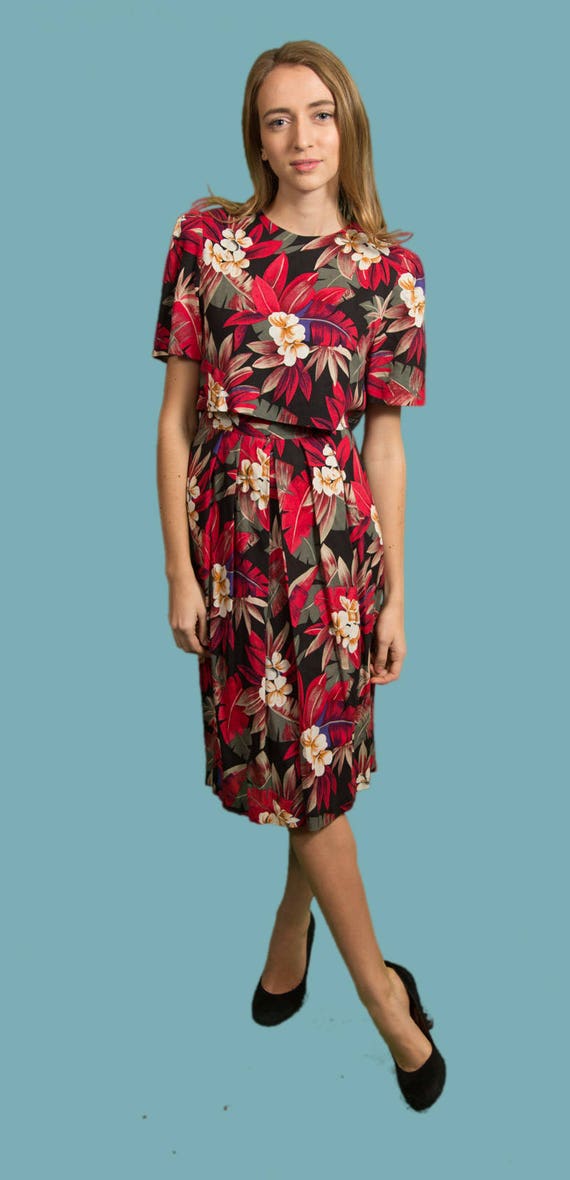 red and green floral dress
