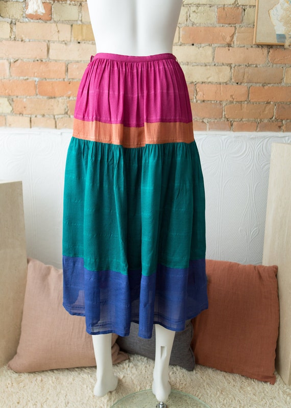 Vintage Color Block Skirt - 25" Silk Skirt with m… - image 1