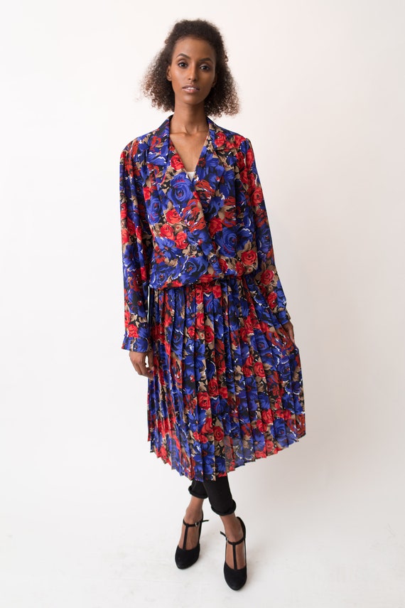 Vintage Floral Dress - 1980's Style Medium V Neck