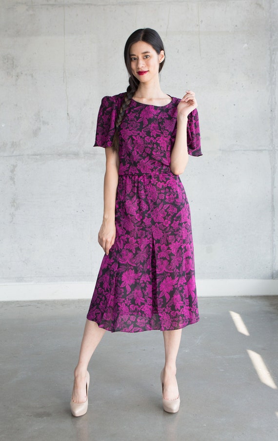 Vintage Floral Dress - 1980's Small Scoop Neck Pur