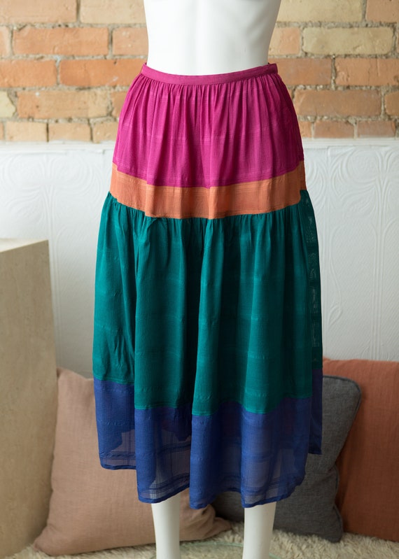 Vintage Color Block Skirt - 25" Silk Skirt with m… - image 2