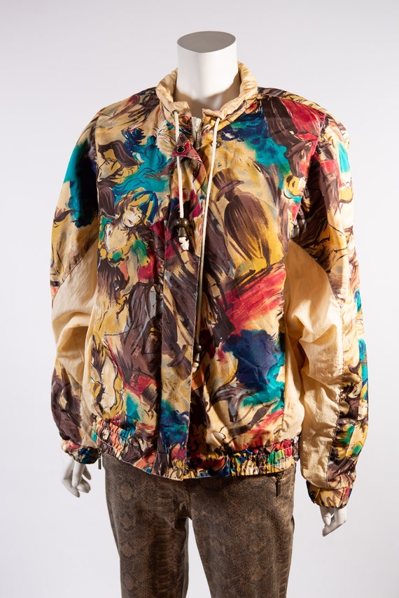 Vintage Windbreaker Jacket - 80's Beige Abstract … - image 2