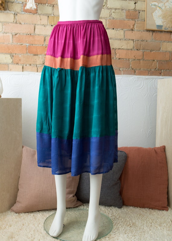 Vintage Color Block Skirt - 25" Silk Skirt with m… - image 3