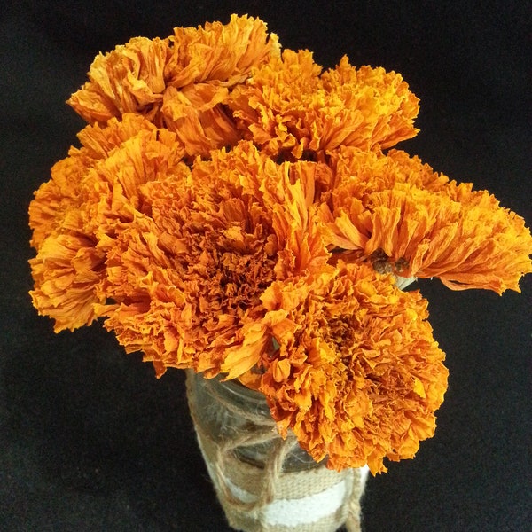 8 Marigold Orange, 2-2 1/2" flower size , 4-8" total length, Orange Dried Flowers, Dried Marigolds