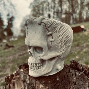 May include: A gray ceramic planter shaped like a Frankenstein's monster skull. The planter has a textured surface and a stitched scar on the side.