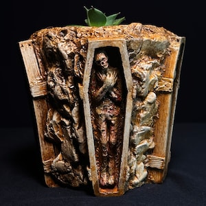 Coffin Creeper Painted Concrete Planter, Halloween Garden Decor, Garden Gifts, Unique Gift, Indoor Outdoor Succulent Plants, Gift for Her