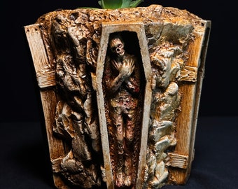 Coffin Creeper Painted Concrete Planter, Halloween Garden Decor, Garden Gifts, Indoor Outdoor Succulent Planter