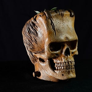 May include: A brown ceramic skull planter with a textured surface and a green plant growing out of the top.