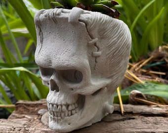 Frankenstein Skull Concrete Desk Planter, unique Horror gift, Indoor Outdoor Succulent plants, Garden Decor