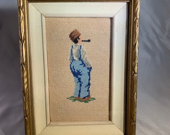 One-of-a-Kind Vintage Framed Cross Stitch Man with His Pipe