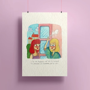 Peut inclure: Une illustration à l'aquarelle de deux femmes se parlant à travers une fenêtre. La femme à gauche a les cheveux roux et porte une chemise violette. La femme à droite a les cheveux blonds et porte une chemise verte. Le texte de l'image est : "Tu as toujours cet air la lorsque tu penses à l'homme de ta vie..."