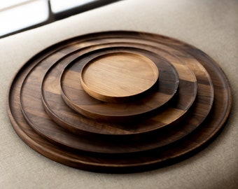 Roto - Minimalistisch groot rond voetenbank dienblad / walnoot / Catchall + dienblad /
