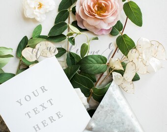 Wedding Invitation Mockup | Styled stock photo Image with blank card & Flowers Greenery for Blogs Websites and Instagram