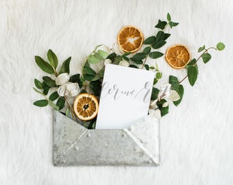 Wedding Invitation Mockup | Styled Stock Photo Image with Blank Card & Oranges Flowers Greenery for Blogs Websites and Instagram