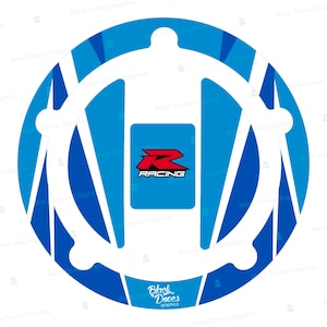 May include: A blue and white circular sticker with a white silhouette of a person wearing a racing suit. The sticker has a blue and white striped design and the text "RACING" in red letters.