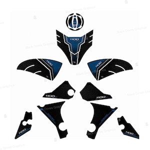 May include: A set of motorcycle tank pad decals featuring a black and blue color scheme with carbon fiber texture. The decals include a circular gas cap cover and various side panels, each prominently displaying the text 1100 and 1100 SX.