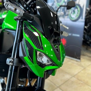 Può includere: Primo piano di un cupolino per moto verde e nero. Il cupolino ha una finitura lucida con dettagli in fibra di carbonio e un parabrezza nero. Il faro è visibile e le forcelle anteriori della moto sono nere.