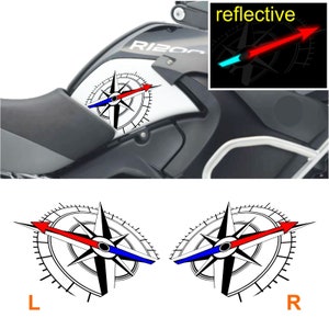 Peut inclure: Deux autocollants de boussole noirs et blancs avec des accents rouges et bleus. Les autocollants sont étiquetés "L" et "R" pour gauche et droite. Les autocollants sont réfléchissants.