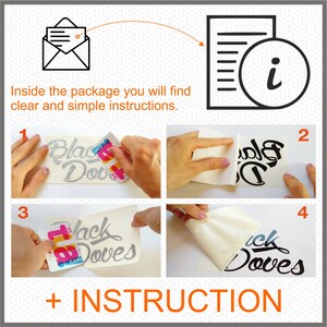 Peut inclure: Instructions illustr&eacute;es pour appliquer un autocollant en vinyle. L'image montre les &eacute;tapes, notamment l'utilisation d'une carte pour lisser l'autocollant et retirer le support. L'autocollant indique "Black Doves".