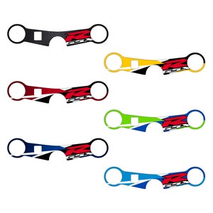 May include: Set of six motorcycle handlebar caps with different color combinations. Each cap features a black and white graphic of a motorcycle with the text "GSXR" in red.