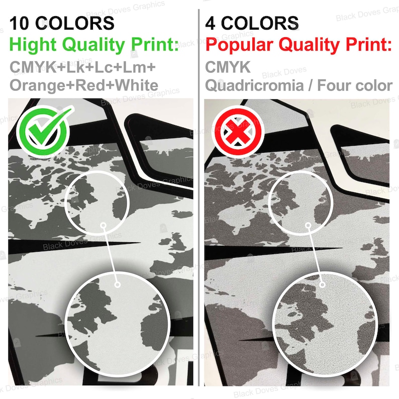 Peut inclure: Image comparant deux options d'impression. Le c&ocirc;t&eacute; gauche affiche une coche verte, le texte "10 COULEURS" et "Impression de haute qualit&eacute;". Le c&ocirc;t&eacute; droit montre une croix rouge, le texte "4 COULEURS" et "Impression de qualit&eacute; populaire". Les deux c&ocirc;t&eacute;s pr&eacute;sentent un motif de carte.