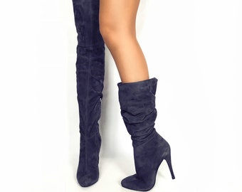 Edza Paris Navy Blue Suede Leather High Heel over the knee boots, sleek thigh high boots, The Perfect gift for shoe lovers