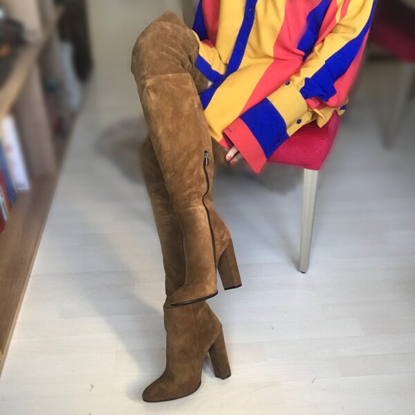 Edza Heidi Cognac Over-The-Knee Boots, Genuine Suede Leather Knee Boots, High Heel Leather Boots, Thigh High Leather Boots, Knee High Boots