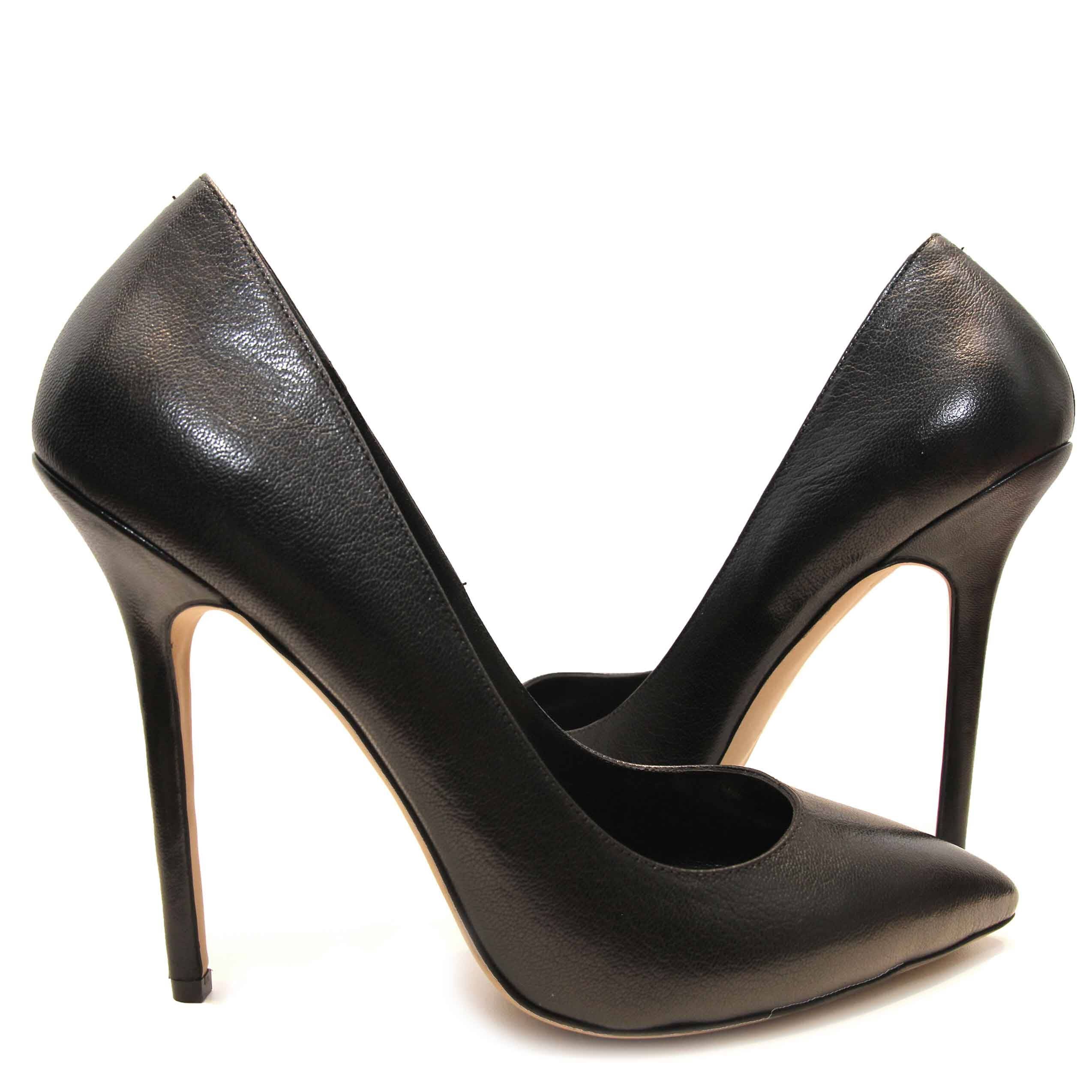 Edza Audrey Black Leather Pointed Toe High Heel Pumps 