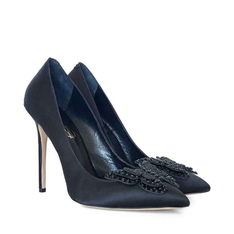 Edza Blake Black Satin Crystal Rhinestone Applique Beading Embellishment High Heel Pumps 39 40 41 42 43 8 9 10 11 Edza Audrey Black Suede Leather Feather detailed High Heel Pumps stiletto heels, 39 40 41 42 43 8 9 10 11