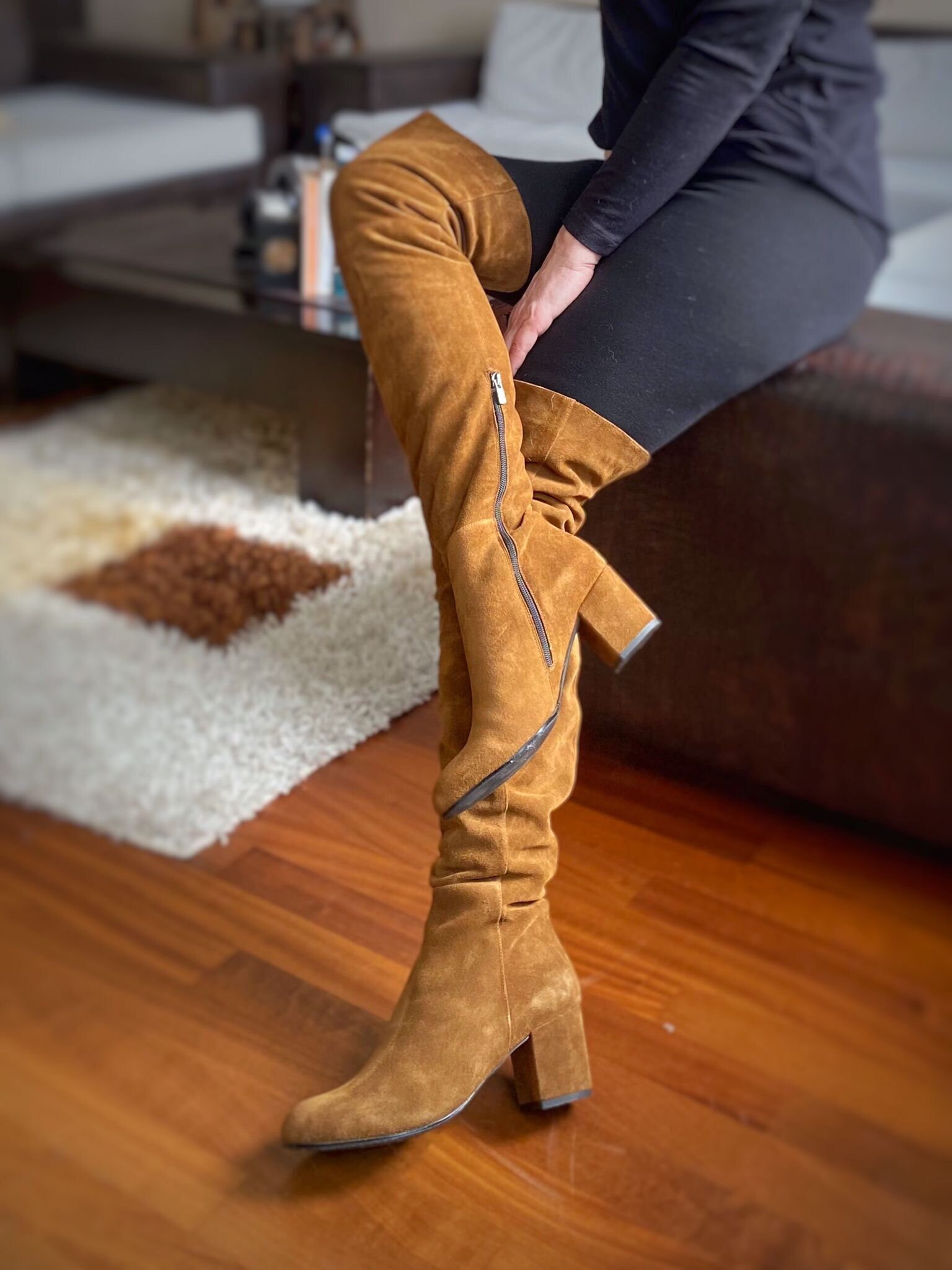 Edza LIV Taube Tan Cognac Colorsuede Leather Over the Knee Boots Thigh High Boots Raw Amber Boots Gift for Her Gift for Wife Etsy UK