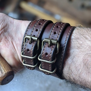 brown-smith leather wristband with brown stitching