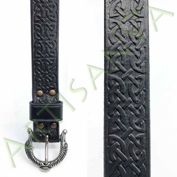 Ceinture en cuir artisanale noire entrelacs celtique _ 30mm mise à taille et recoupe sur mesure_ pour un tour de taille max de 90cm