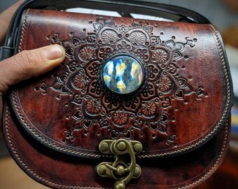 Leather bag Edda_motif mandala with stone labradorite set