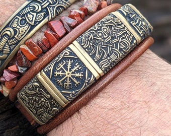 Bracelet cuir Bifröst - Viking Northen Gods - Marron clair