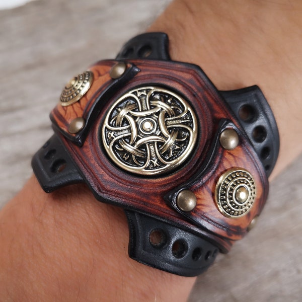 Björn Celtic cross biker leather bracelet