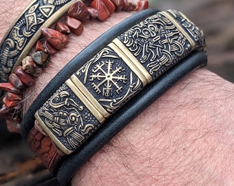 Bracelet cuir Bifröst - Viking Northen gods - Noir & fractal